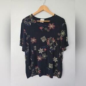 Bentley Plus Women's Top 1X Black Slinky Asian Print Short Sleeve Shirt Y2K